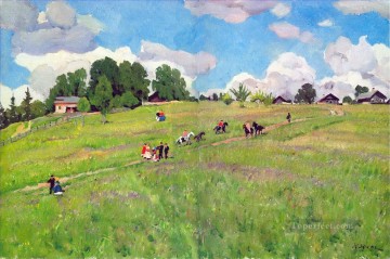 150の主題の芸術作品 Painting - 丘の上の田舎の休日 ligachrvo 1923 コンスタンチン ユオン計画のシーンの風景